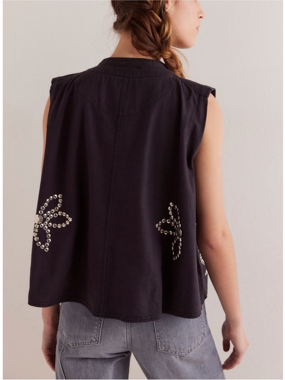 Free People We The Free “We Stick Around” Black Studded Sleeveless Button Top - Picture 3 of 7